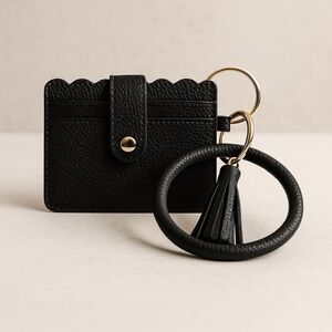 Black Bangle Wristlet Card Holder with Tassel Keychain